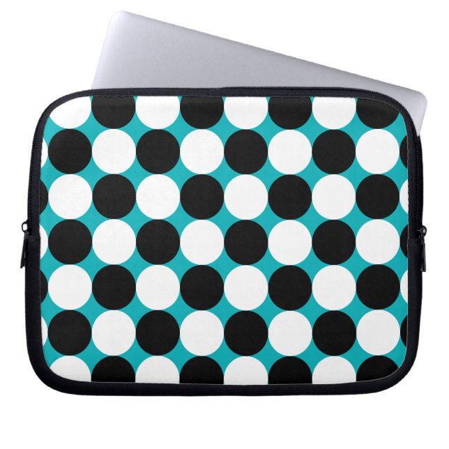 Bold Black White Turquoise Pop Art Polka Dots Laptop Sleeve (Front)