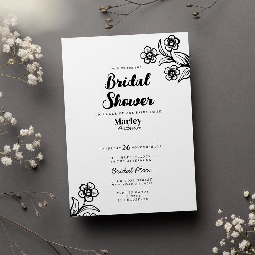 Bold black white typography floral Bridal Shower Invitation