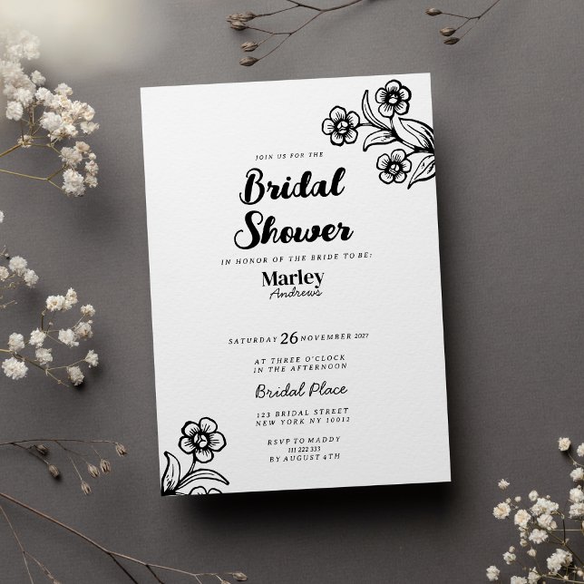 Bold black white typography floral Bridal Shower Invitation (Bold black white typography floral Bridal Shower)