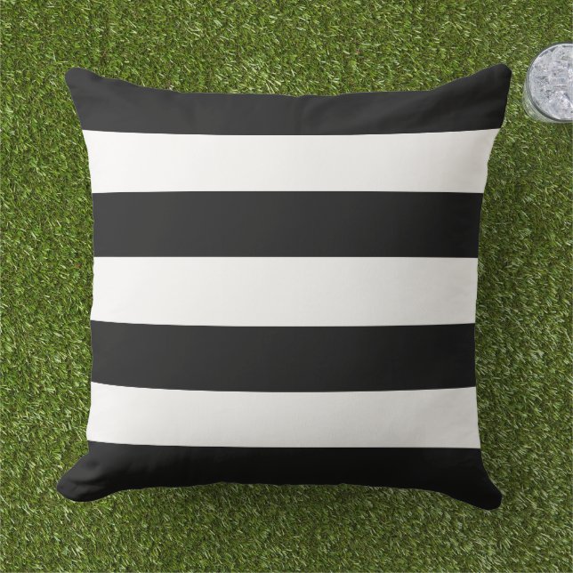 Bold Black White Wide Horizontal Stripe Outdoor Pillow (Grass)