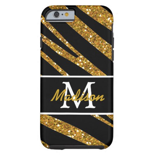 BOLD BLACK ZEBRA STRIPES NAME GOLD GLITTER TOUGH iPhone 6 CASE