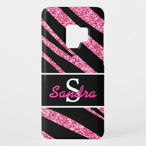 BOLD BLACK ZEBRA STRIPES NAME PINK GLITTER Case_Mate SAMSUNG GALAXY S9 CASE