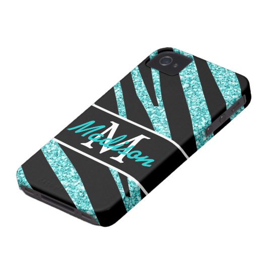 BOLD BLACK ZEBRA STRIPES NAME TEAL GLITTER Case-Mate iPhone CASE (Bottom)