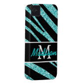 BOLD BLACK ZEBRA STRIPES NAME TEAL GLITTER Case-Mate iPhone CASE (Back/Right)
