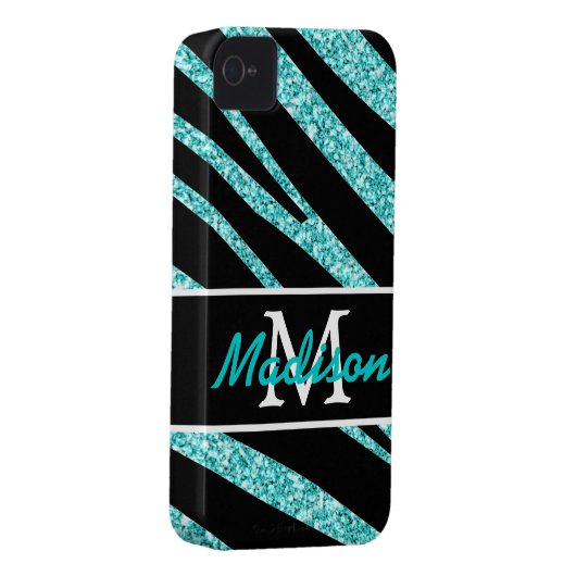 BOLD BLACK ZEBRA STRIPES NAME TEAL GLITTER Case-Mate iPhone CASE (Back/Right)
