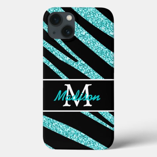 BOLD BLACK ZEBRA STRIPES NAME TEAL GLITTER iPhone 13 CASE