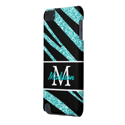 BOLD BLACK ZEBRA STRIPES NAME TEAL GLITTER iPod TOUCH (5TH GENERATION) COVER (Back Left)