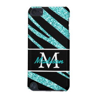 BOLD BLACK ZEBRA STRIPES NAME TEAL GLITTER iPod TOUCH (5TH GENERATION) COVER