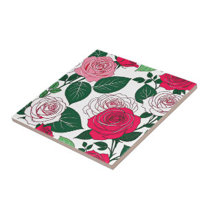 Bold Bloom Harmony - Contemporary Red & Pink Rose Ceramic Tile