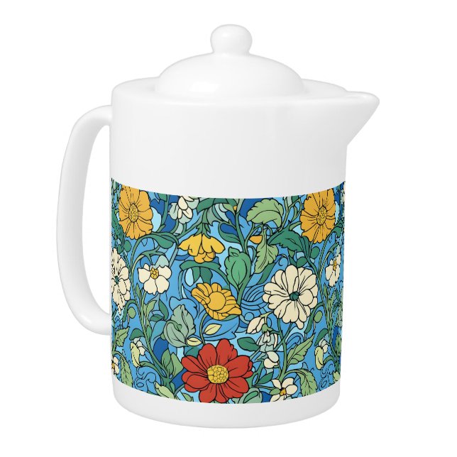 Bold Blooms and Blue Skies Teapot (Left)