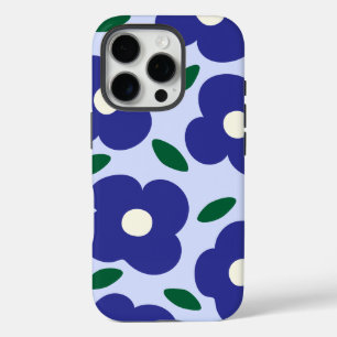 Bold Blue Abstract Retro Flower Pattern iPhone 16 Pro Case