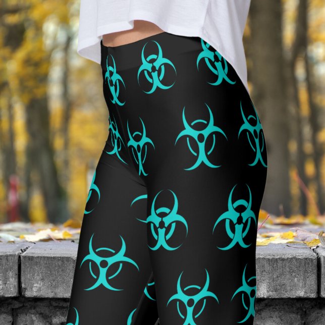 Bold Blue and Black Biohazard Pattern Leggings (Biohazard Blue on Black Leggings)