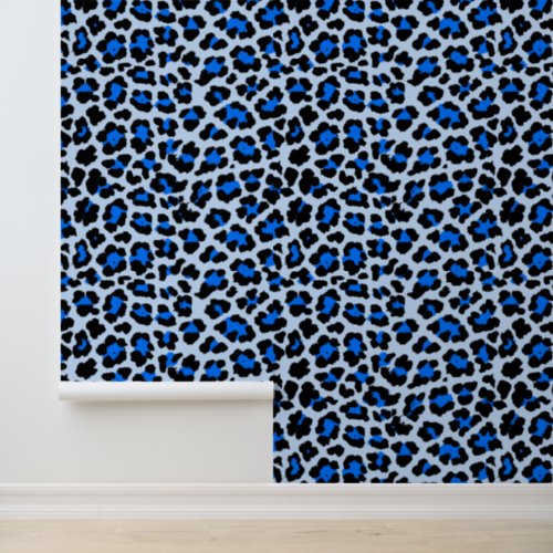 Bold Blue and Black Punk Leopard Print 1980s Wallpaper