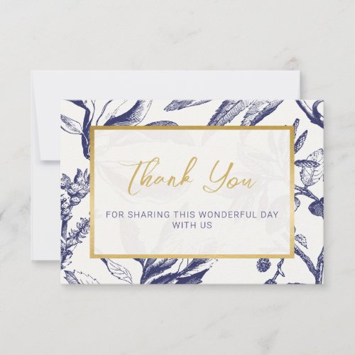 Bold Blue and Gold Bohemian Floral Wedding Thank You Card