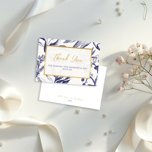 Bold Blue and Gold Bohemian Floral Wedding Thank You Card