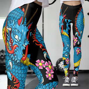 Bold Blue and Pink Dragon Tattoo gothic and emo Leggings