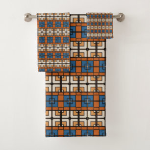 Bold Blue and Terracotta Geometric Bath Towel Set