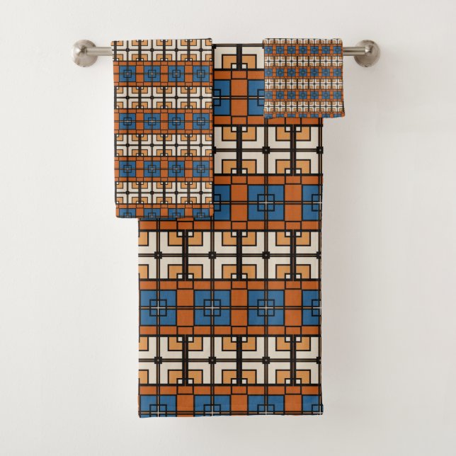 Bold Blue and Terracotta Geometric Bath Towel Set (Insitu)
