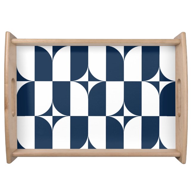 Bold Blue and White Mid-Century Modern Geometric E Serving Tray (Front)
