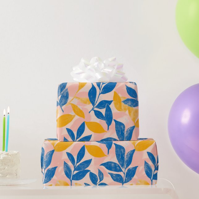 Bold Blue and Yellow Leaf lithograph Pattern Wrapping Paper (Party Gifts)