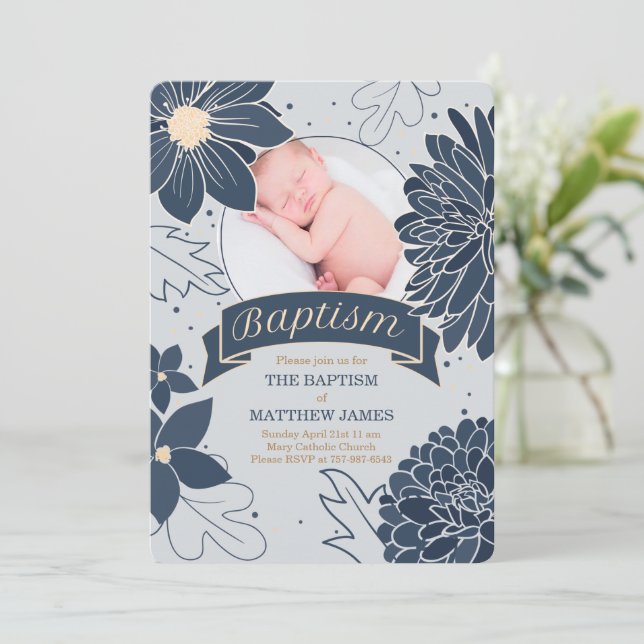 Bold Blue Botanicals with Photo Baptism Invitation (Standing Front)