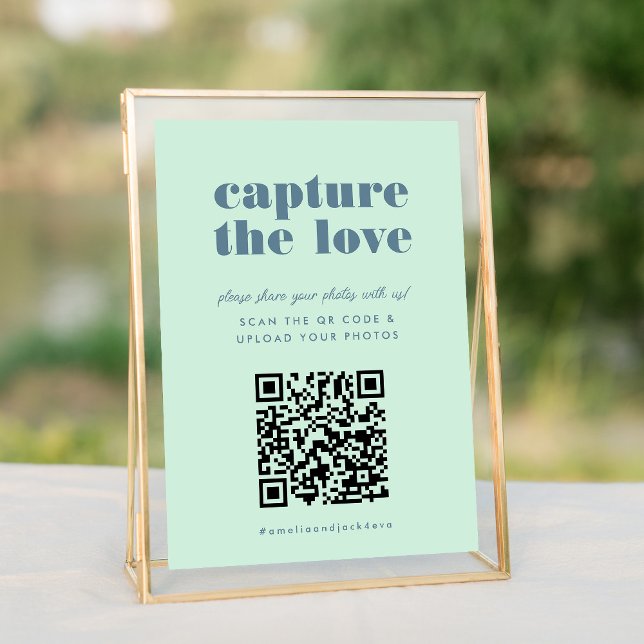 Bold Blue Capture the Love QR Code Wedding Sign (Bold Blue Capture the Love QR Code Wedding Share Your Photo Hashtag Sign)
