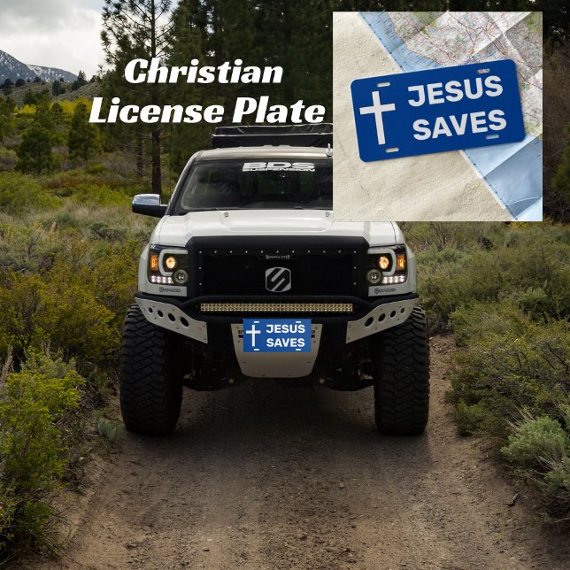 Bold Blue Christian Cross Jesus Saves License Plate (Creator Uploaded)