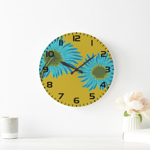 Bold Blue Daisy Art on Mustard Yellow Background Large Clock