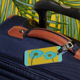 Bold Blue Daisy Art on Mustard Yellow Background Luggage Tag