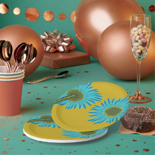 Bold Blue Daisy Art on Mustard Yellow Background Paper Plates