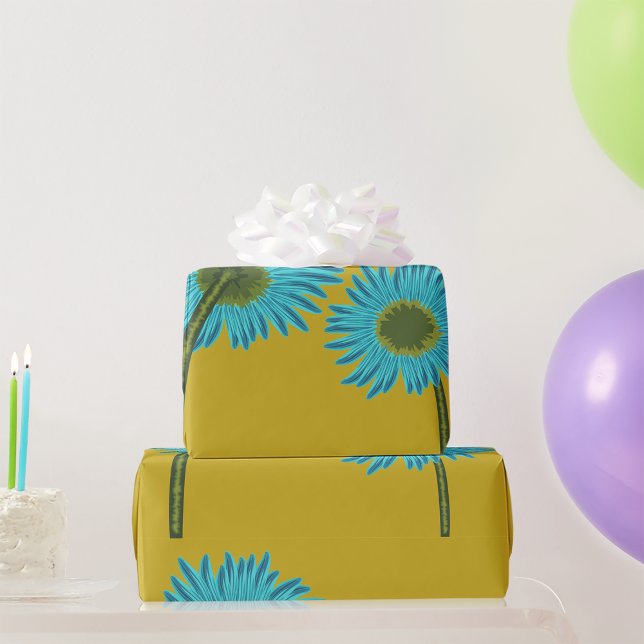 Bold Blue Daisy Art on Mustard Yellow Background  Wrapping Paper (Creator Uploaded)