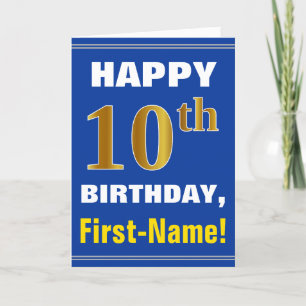 Bold, Blue, Faux Gold 10th Birthday w/ Name Card