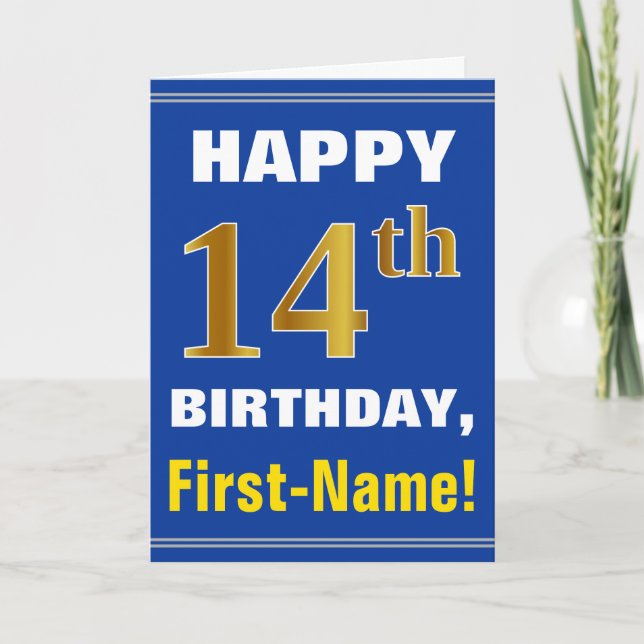 Bold, Blue, Faux Gold 14th Birthday w/ Name Card (Front)