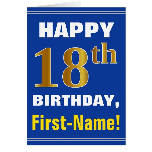 Bold Blue Faux Gold 18th Birthday w Name Card