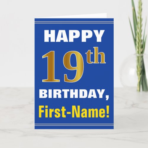 Bold Blue Faux Gold 19th Birthday w Name Card