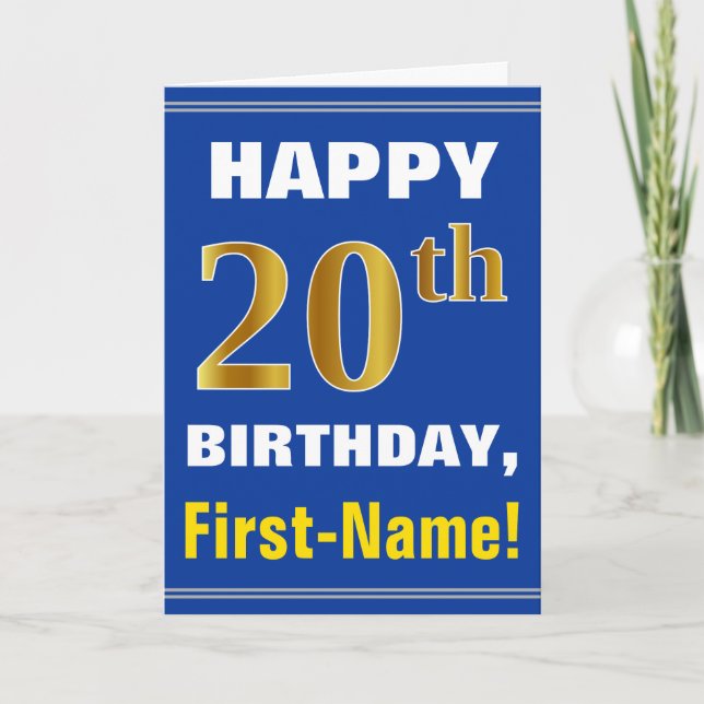 Bold, Blue, Faux Gold 20th Birthday w/ Name Card (Front)