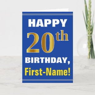 Bold, Blue, Faux Gold 20th Birthday w/ Name Card