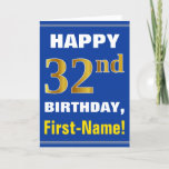 [ Thumbnail: Bold, Blue, Faux Gold 32nd Birthday W/ Name Card ]