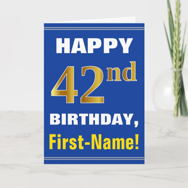 Bold, Blue, Faux Gold 42nd Birthday w/ Name Card (Front)