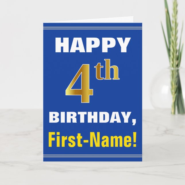 Bold, Blue, Faux Gold 4th Birthday w/ Name Card (Front)