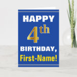 [ Thumbnail: Bold, Blue, Faux Gold 4th Birthday W/ Name Card ]