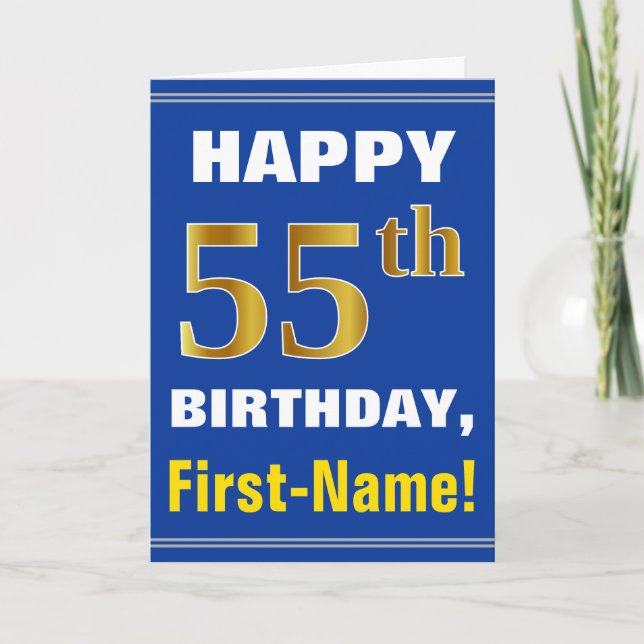 Bold, Blue, Faux Gold 55th Birthday w/ Name Card (Front)