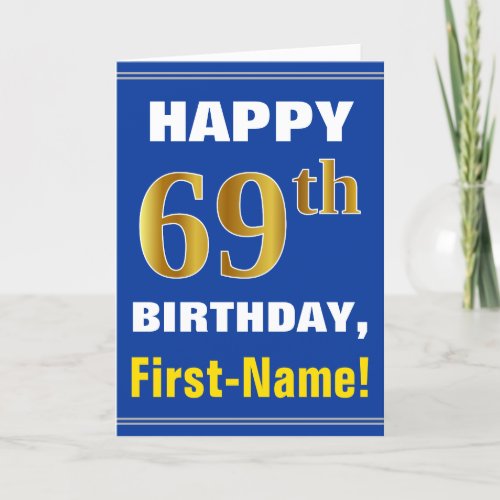 Bold Blue Faux Gold 69th Birthday w Name Card