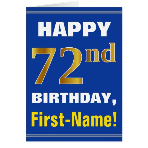 Bold Blue Faux Gold 72nd Birthday w Name Card