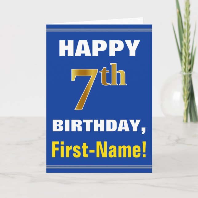 Bold, Blue, Faux Gold 7th Birthday w/ Name Card (Front)