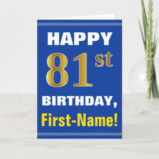 Bold, Blue, Faux Gold 81st Birthday w/ Name Card