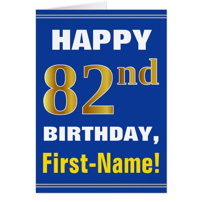 Bold, Blue, Faux Gold 82nd Birthday w/ Name Card (Front)