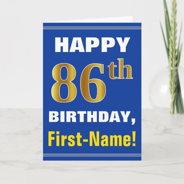Bold, Blue, Faux Gold 86th Birthday w/ Name Card (Front)