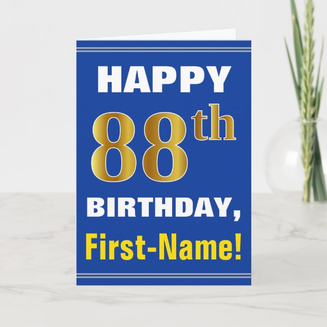 Bold, Blue, Faux Gold 88th Birthday w/ Name Card (Front)