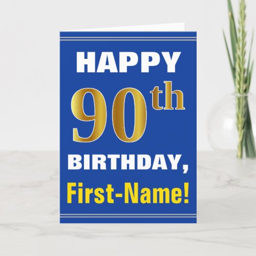 Bold Blue Faux Gold 90th Birthday w Name Card